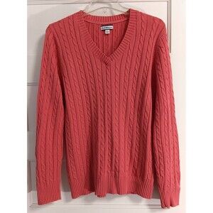 Cable Knit Sweater Wn L Coral Pink 100% Cotton Chunky Fisherman Preppy Old Money